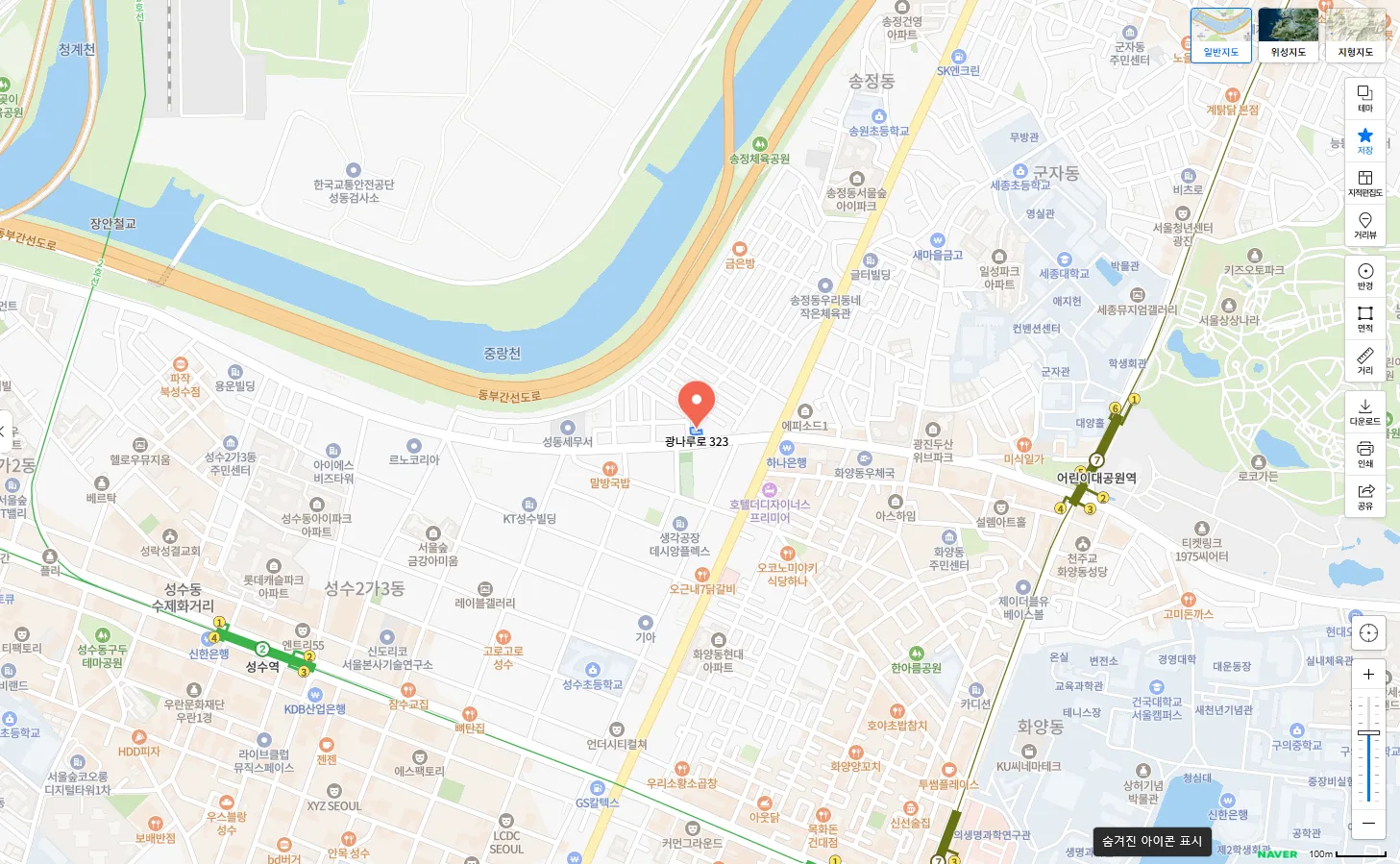 건대 W 오시는 길 지도 — 서울특별시 성동구 광나루로 323